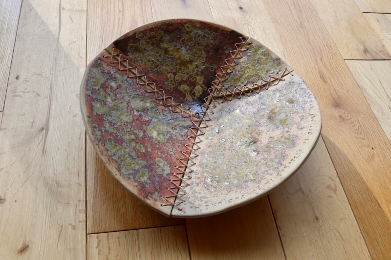 pottery; experimental glaze; stoneware; Fran Farrar; stitched; seaweed; shells